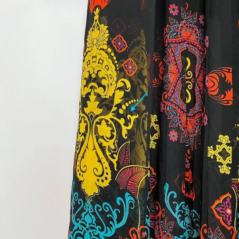Bebe Maxi Skirt Pleated Chiffon Flowy Boho Colorful Bohemian Size 8 Black Multi
